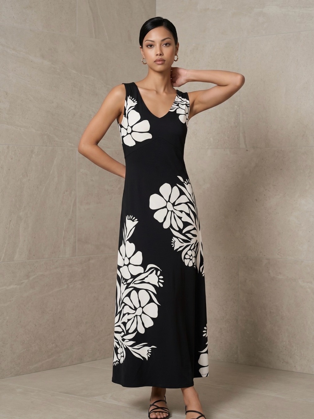 Talbots Black Maxi Dress with Ivory Floral Print